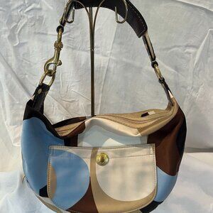 Coach -- Satin Shoulder Bag -- Cream, Brown, & Blue -- Cloth & Leather Strap